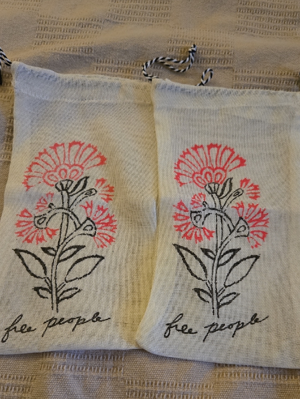 Free People Cream Drawstring Sachets with Pink & Black Floral Print (Pair)
